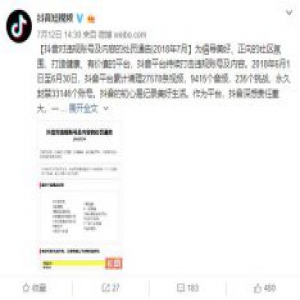 抖音发布处罚通告：整治违规内容 封禁33146个账号