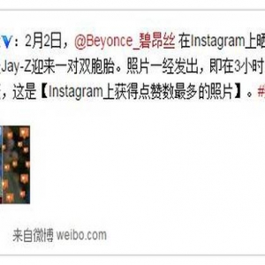 碧昂斯孕照3小时点赞500万 获吉尼斯认证