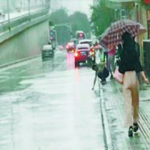 京城突降大雨 候车人手抠树叶排积水